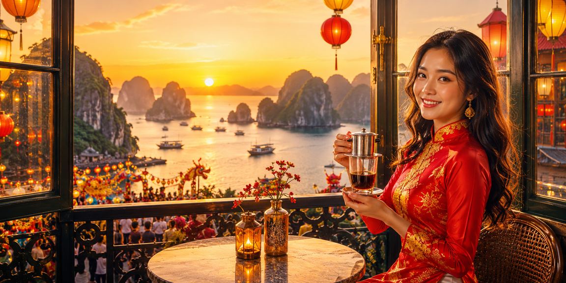 Vịnh Hạ Long buổi sáng, người dùng thưởng thức cà phê và kiểm tra tài khoản cá cược trực tuyến