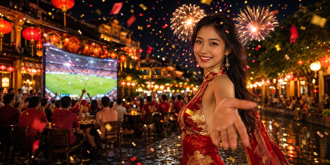 Người dùng xem kèo bóng đá tại Hội An với đèn lồng lung linh