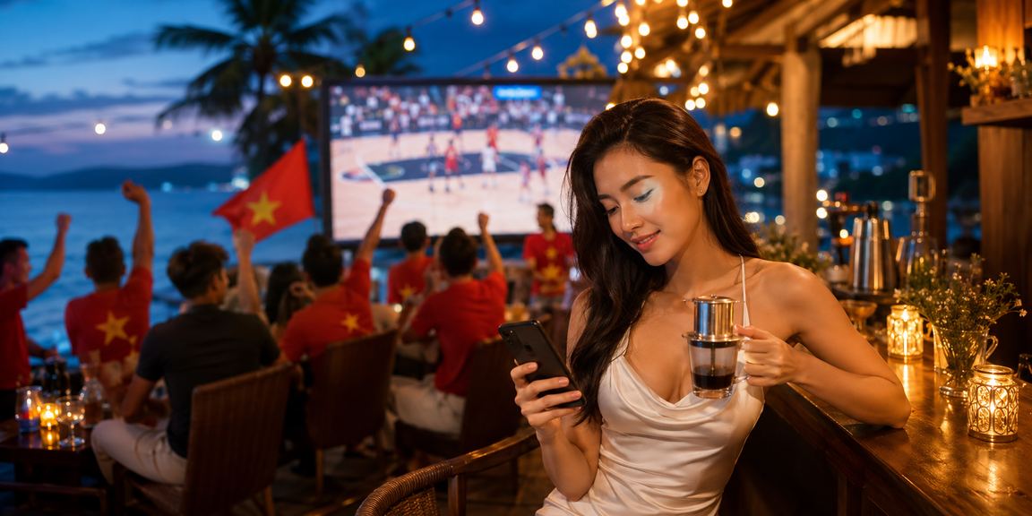 Du khách tại Phú Quốc đặt kèo bóng rổ qua điện thoại bên ly cà phê